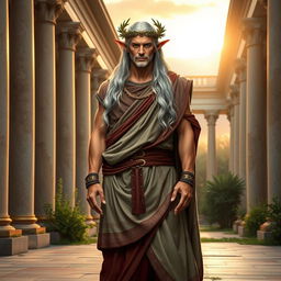 A majestic High Elf man in traditional Roman garb, standing confidently