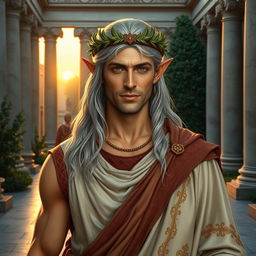 A distinguished High Elf man clean-shaven, wearing traditional Roman garb confidently