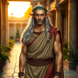 A distinguished High Elf man clean-shaven, wearing traditional Roman garb confidently