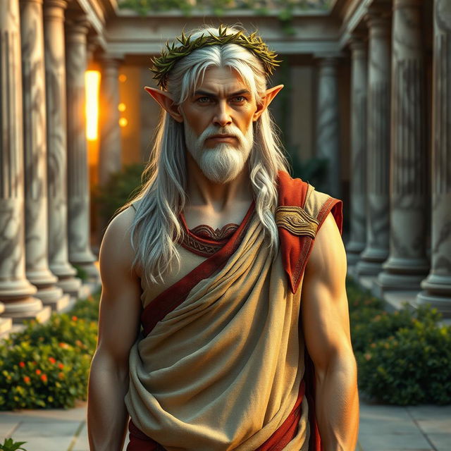 A distinguished High Elf man clean-shaven, wearing traditional Roman garb confidently