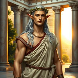 A distinguished High Elf man clean-shaven, wearing traditional Roman garb confidently