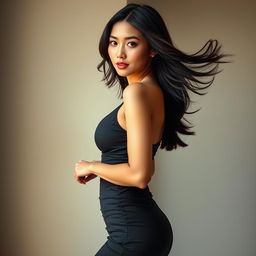 An exquisitely sexy Asian woman with flowing, shiny black hair stands seductively, wearing a short, tight-fitting dress that elegantly accentuates her curves