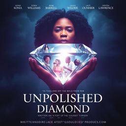 A striking movie poster for the drama film "Unpolished Diamond", illustrating the powerful journey of a black woman overcoming trauma and obstacles throughout her life