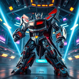 A dynamic and action-packed scene featuring a transformed Transformer robot poised in an epic stance