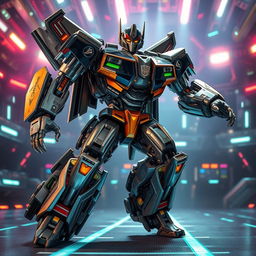 A dynamic and action-packed scene featuring a transformed Transformer robot poised in an epic stance