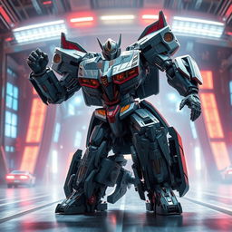 A dynamic and action-packed scene featuring a transformed Transformer robot poised in an epic stance