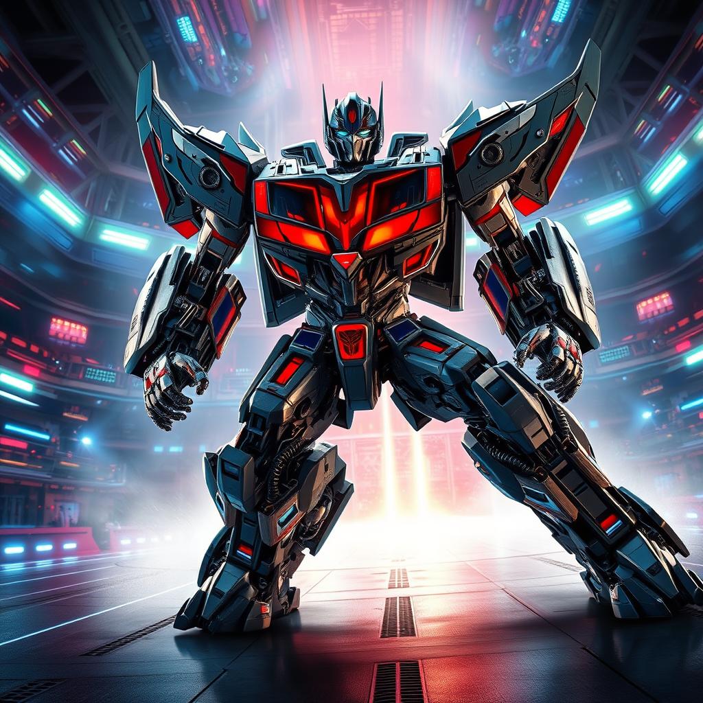 A dynamic and action-packed scene featuring a transformed Transformer robot poised in an epic stance