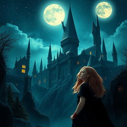 A mystical night view of Hogwarts, bathed in moonlight, with the castle in all its glory