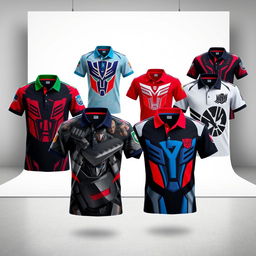 A stylish and creative collection of Transformer-themed polo shirts, perfect for fans of the iconic franchise