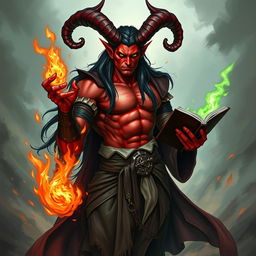 A very handsome and muscular tiefling sorcerer, featuring red skin and majestic draconic horns