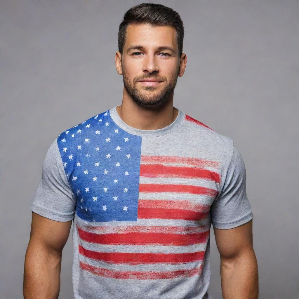 A handsome man wearing a patriotic shirt emblazoned with elements of the American flag. His confidence and sense of pride in his nation are evident.