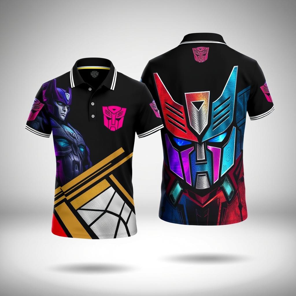 A stylish and unique individual polo shirt with a Transformers theme, designed for fans of the iconic franchise