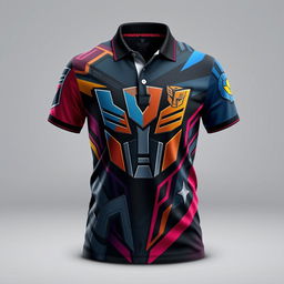 A stylish and unique individual polo shirt with a Transformers theme, designed for fans of the iconic franchise