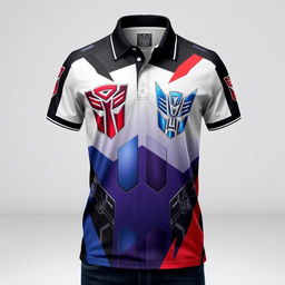 A stylish and unique individual polo shirt with a Transformers theme, designed for fans of the iconic franchise