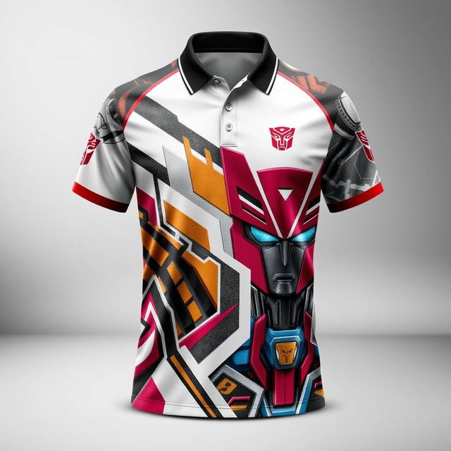 A stylish and unique individual polo shirt with a Transformers theme, designed for fans of the iconic franchise