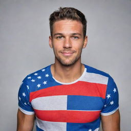 A handsome man wearing a patriotic shirt emblazoned with elements of the American flag. His confidence and sense of pride in his nation are evident.