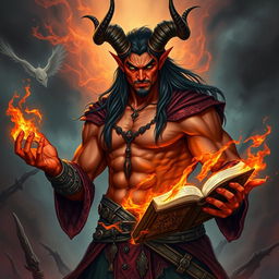 A very handsome muscular tiefling sorcerer with red skin, showcasing majestic draconic horns and long black hair