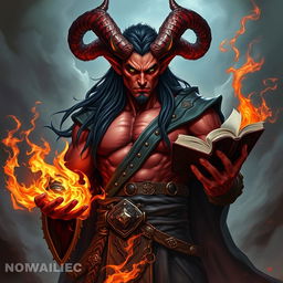 A very handsome muscular tiefling sorcerer with red skin, showcasing majestic draconic horns and long black hair