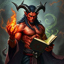 A very handsome muscular tiefling sorcerer with red skin, showcasing majestic draconic horns and long black hair