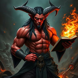 A very handsome muscular tiefling sorcerer with red skin, showcasing majestic draconic horns and long black hair