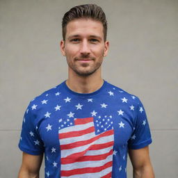 A handsome man wearing a patriotic shirt emblazoned with elements of the American flag. His confidence and sense of pride in his nation are evident.