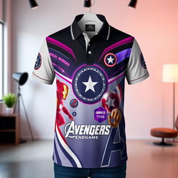 A stylish and unique individual polo shirt inspired by Avengers: Endgame, designed for fans of the Marvel franchise