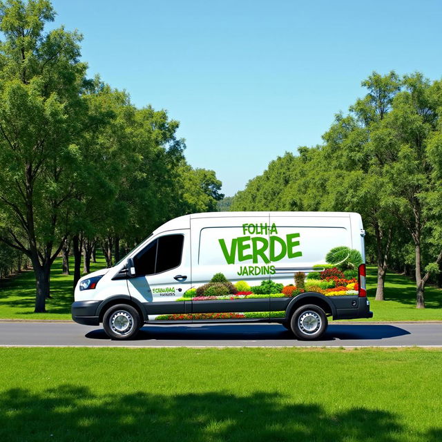 A commercial van on a scenic road, prominently featuring an advertisement with the text 'FOLHA VERDE JARDINS' in bold, green letters