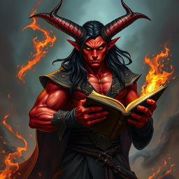 A very handsome muscular tiefling sorcerer with red skin, featuring big majestic horns and long black hair