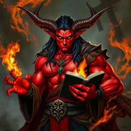 A very handsome muscular tiefling sorcerer with red skin, featuring big majestic horns and long black hair