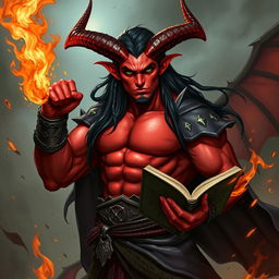 A very handsome muscular tiefling sorcerer with red skin, featuring big majestic horns and long black hair