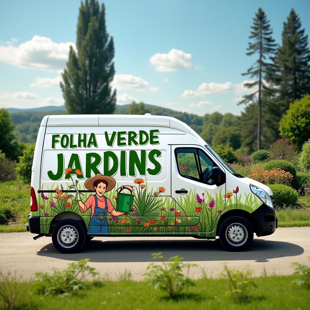 A commercial van in a picturesque garden setting, prominently featuring an advertisement with the text 'FOLHA VERDE JARDINS' in bold, green letters