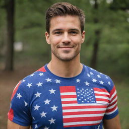 A handsome man wearing a patriotic shirt emblazoned with elements of the American flag. His confidence and sense of pride in his nation are evident.