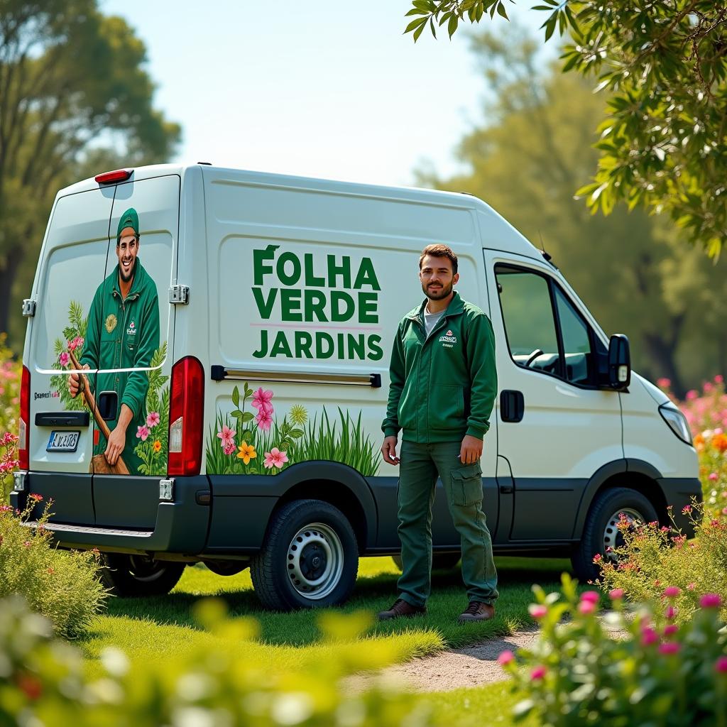 A commercial van parked in a lush garden setting, prominently displaying an advertisement with the text 'FOLHA VERDE JARDINS' and an artistic illustration of a gardener