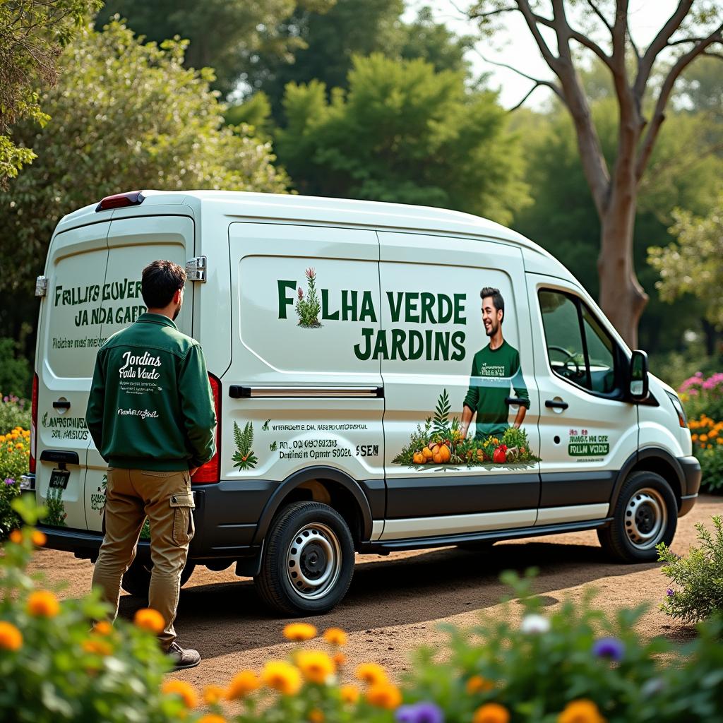 A commercial van parked in a vibrant garden setting, prominently displaying an advertisement with the text 'FOLHA VERDE JARDINS' along with a charming illustration of a gardener