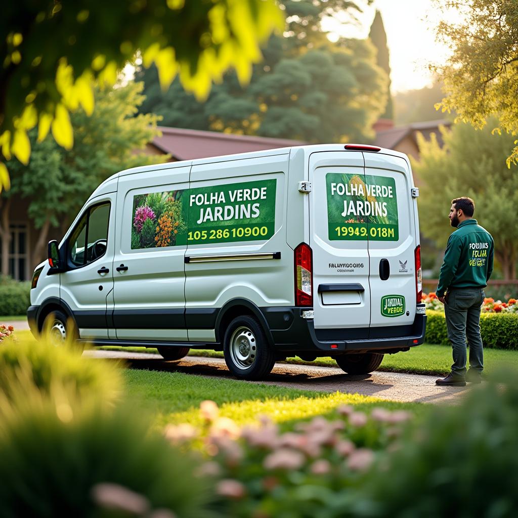 A commercial van parked in a beautifully landscaped garden setting, prominently displaying an advertisement with the text 'FOLHA VERDE JARDINS' along with a contact phone number, email, and website address