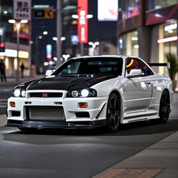 Nissan Skyline GTR R34 V-Spec II Nur, white color with carbon fiber accents, parked on a modern city street at night