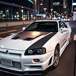 Nissan Skyline GTR R34 V-Spec II Nur, white color with carbon fiber accents, parked on a modern city street at night