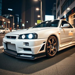 Nissan Skyline GTR R34 V-Spec II Nur, white color with carbon fiber accents, parked on a modern city street at night