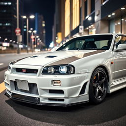 Nissan Skyline GTR R34 V-Spec II Nur, white color with carbon fiber accents, parked on a modern city street at night