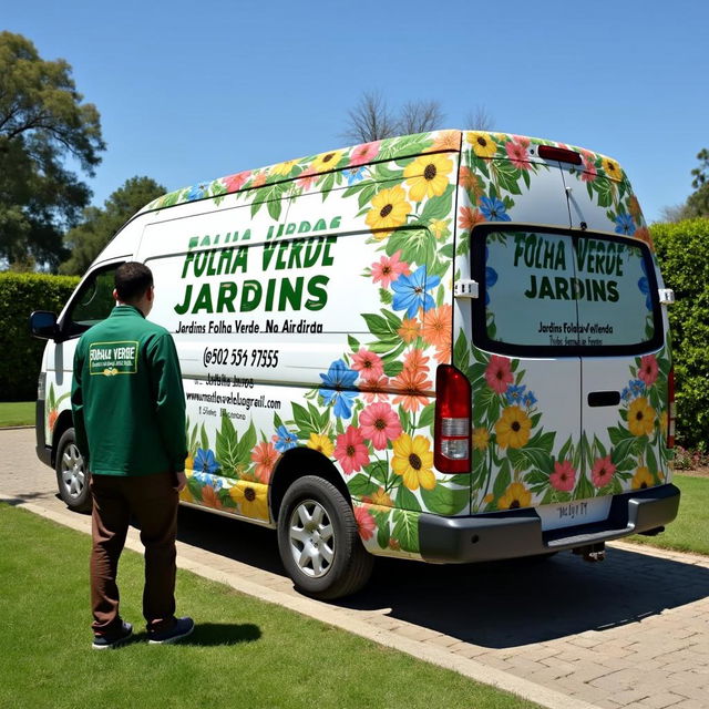 A commercial van intricately decorated with vibrant flowers and an eye-catching advertisement that reads 'FOLHA VERDE JARDINS'