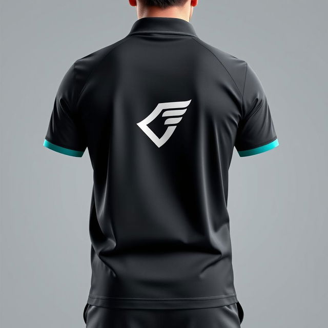 An individual sporty polo shirt focusing on the back design, showcasing the branding of a company