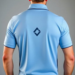 An individual sporty polo shirt focusing on the back design, showcasing the branding of a company