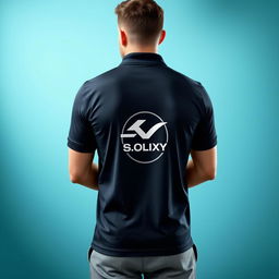 An individual sporty polo shirt focusing on the back design, showcasing the branding of a company