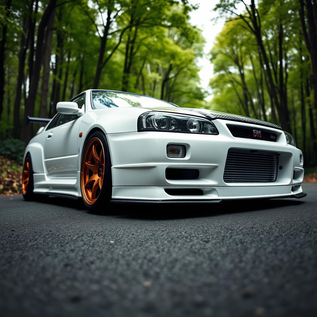 A Nissan Skyline GTR R34 V Spec II Nur in white color with a carbon fiber hood and bronze Rays wheels, positioned on a road with a lush forest backdrop