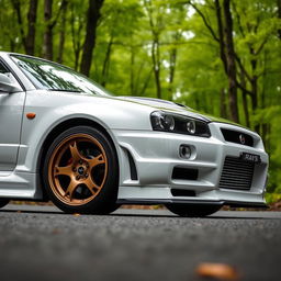 A Nissan Skyline GTR R34 V Spec II Nur in white color with a carbon fiber hood and bronze Rays wheels, positioned on a road with a lush forest backdrop