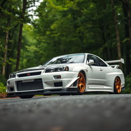 A Nissan Skyline GTR R34 V Spec II Nur in white color with a carbon fiber hood and bronze Rays wheels, positioned on a road with a lush forest backdrop