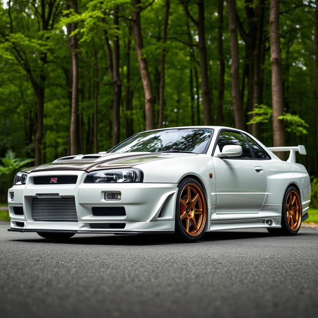 A Nissan Skyline GTR R34 V Spec II Nur in white color with a carbon fiber hood and bronze Rays wheels, positioned on a road with a lush forest backdrop