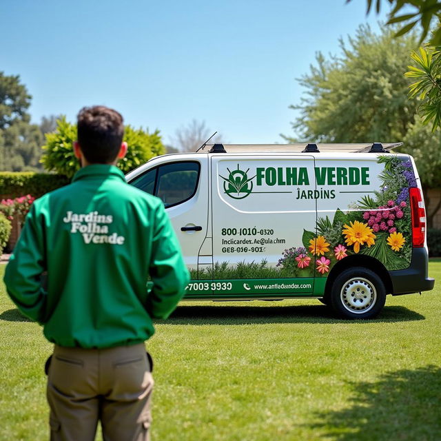 A commercial van in a beautiful garden setting, prominently featuring an advertisement with the text 'FOLHA VERDE JARDINS' along with images of vibrant flowers