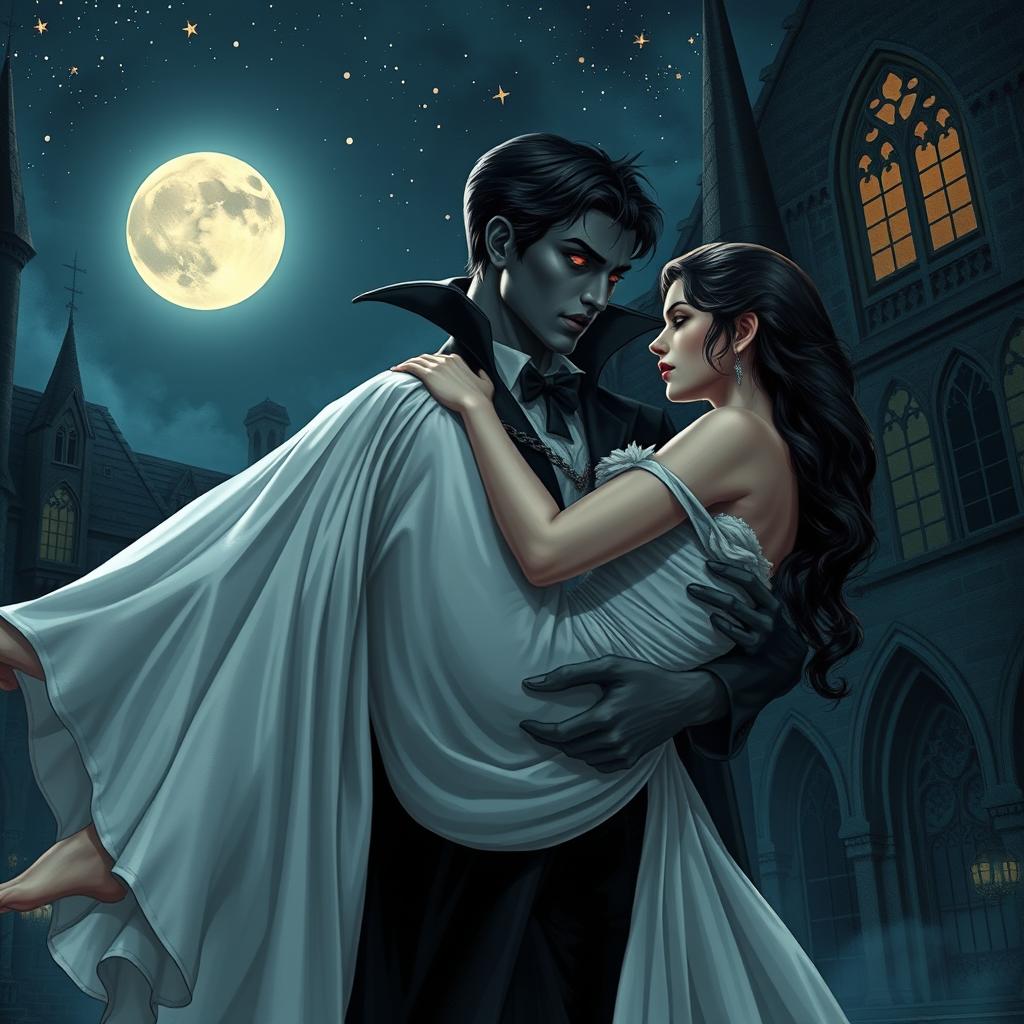 A mysterious and captivating scene where a black vampire holds a woman gently in his arms