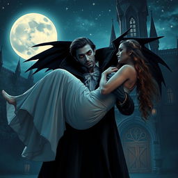 A mysterious and captivating scene where a black vampire holds a woman gently in his arms